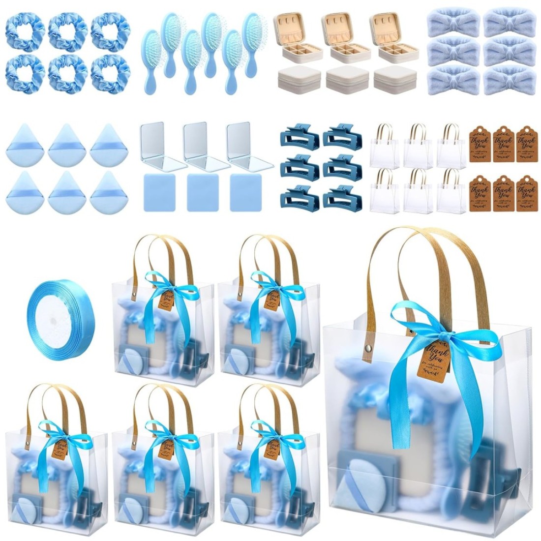 6 Sets Baby Shower Prizes for Winners Gifts Headband Hair Brush Jewelry Box Compact Mirror Powder Puff Hair Tie Claw Gift Bag Bridal Shower(Blue)