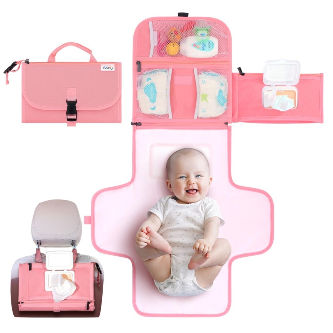 Kopi Baby Portable Diaper Changing Pad - Baby Changing Pad &amp; Diaper Changer Travel Bag, Baby Changing Mat, Portable Changing Pad for Baby - Baby Changing Station, Infant Gift - Pink