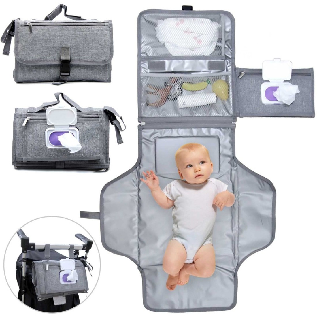 Portable Changing Pad - Detachable Travel Changing Pad with Head Pillow and Baby Wipes Pocket - Fully Padded, Extended Cushioned Portable Diaper Changing Pad, Lightweight &amp; Waterproof Grey