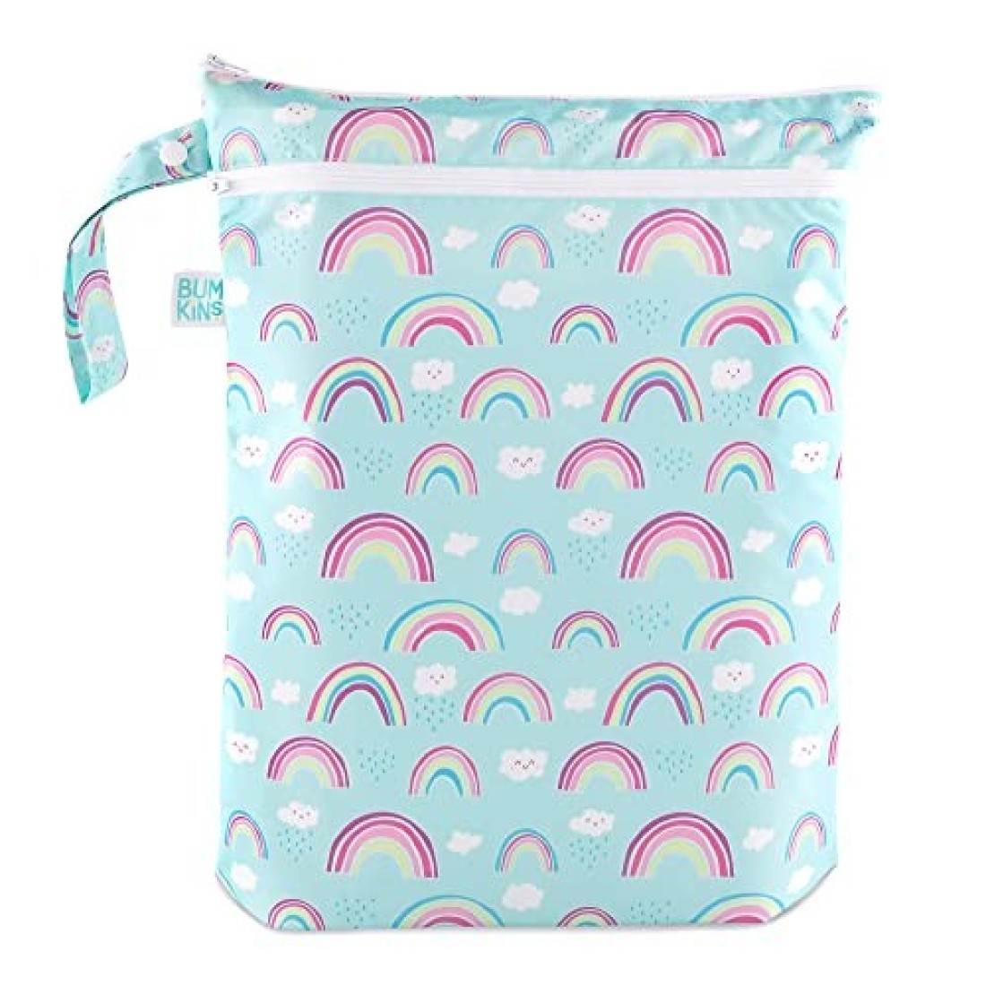 Bumkins Waterproof Wet Dry Bag for Baby, Travel, Swim Suit, Cloth Diapers, Pump Parts, Pool, Gym Clothes, Toiletry, Strap to Stroller, Daycare, Zip Reusable Bag, Wetdry Packing Pouch, Rainbows Blue