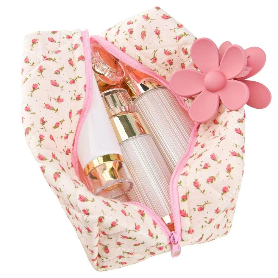 Floral Makeup Bag,Floral Quilted Makeup Bag,Large Cosmetic Bag,Fashionable Travel Makeup Pouch, Cute Pink Makeup Bag,Puffy Coquette Makeup Bag, Attractive Quilted Makeup Bag