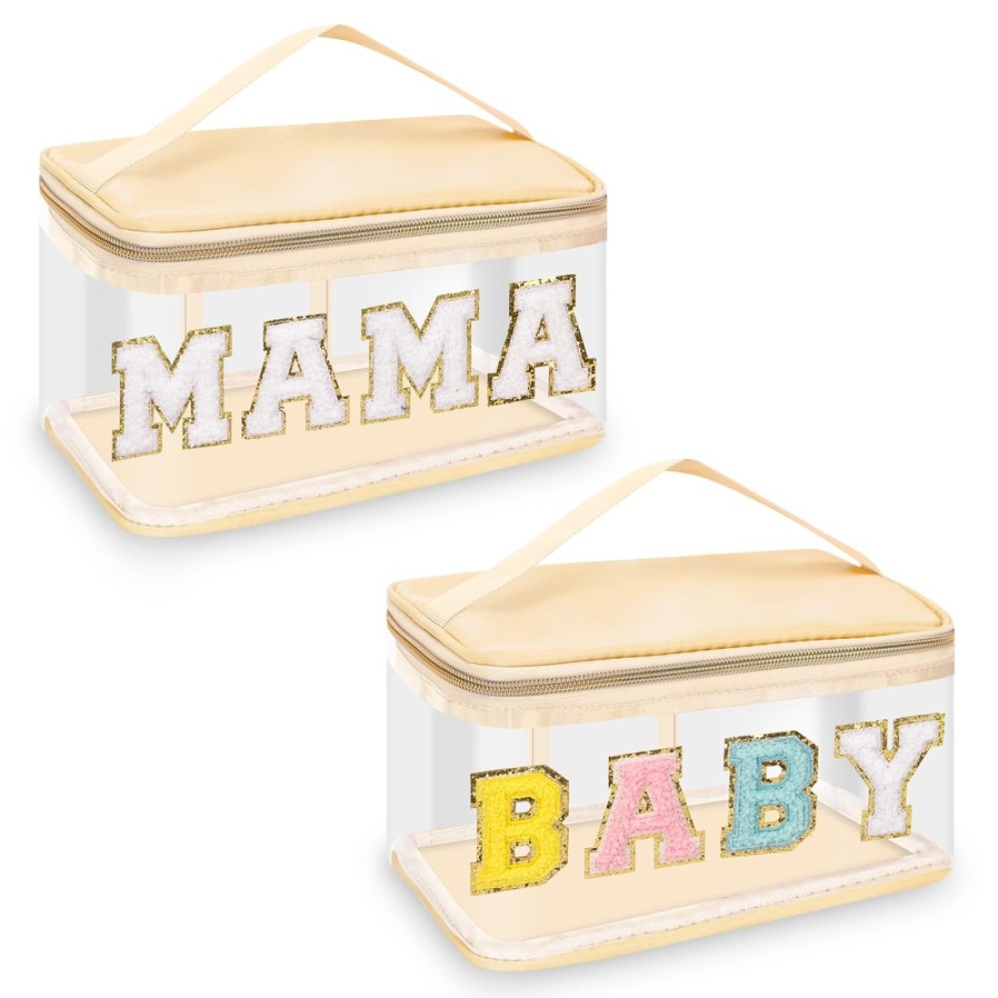 2 Pcs Chenille Letter Clear Makeup Bags Mama Baby Pouch, Preppy Patch Makeup Bag Mama Baby Hospital Duffle Bag Zipper with Handle, Travel Baby Toiletry Bag Nylon Cosmetic Handbag for Women(MAMA+BABY)