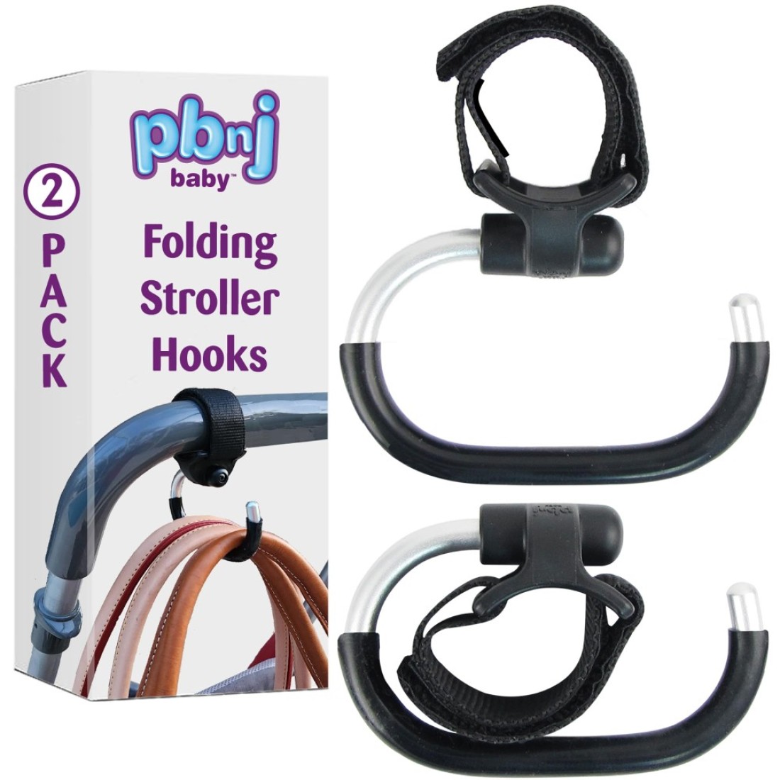 PBnJ baby Stroller Hooks Silver 2 Pack Organizer Clip Travel Purse Shopping Diaper Bags