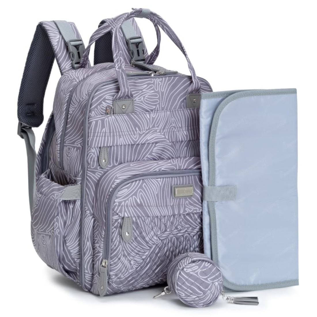 BabbleRoo Diaper Bag Backpack Baby Essentials Travel Essentials Baby Bag with Changing Pad Stroller Straps Pacifier Case Unisex Gray Swirls