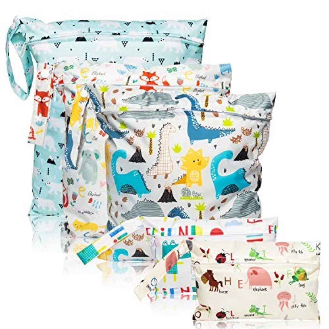 R HORSE 5Pcs Waterproof Reusable Diaper Baby Cloth Wet Dry Bags with 2 Zippered Pockets Travel Beach Pool Bag with Polar Bear Dinosaur Animal Alphabet Crocodile Pattern (3 Sizes)