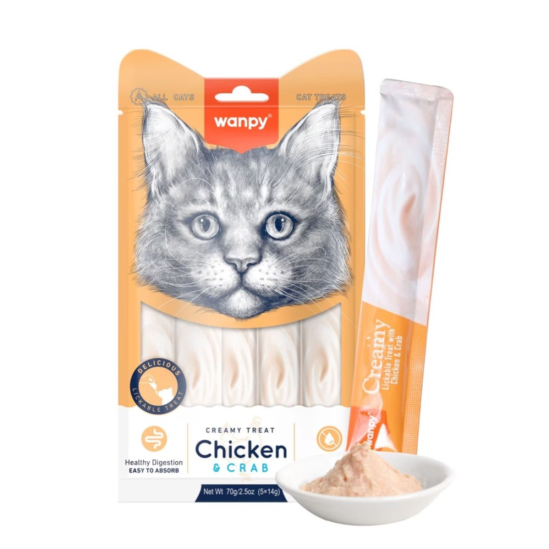 Wanpy Creamy Lickable Cat Treats &ndash; Chicken &amp; Crab (14gx5) &ndash; 1Box 12pcs