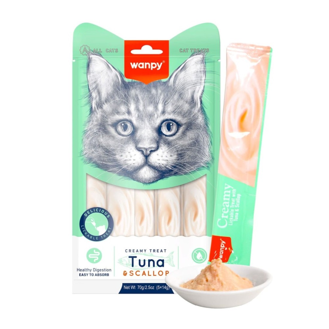 Wanpy Creamy Lickable Cat Treats &ndash; Tuna &amp; Scallop (14gx5) &ndash; 1Box 12pcs
