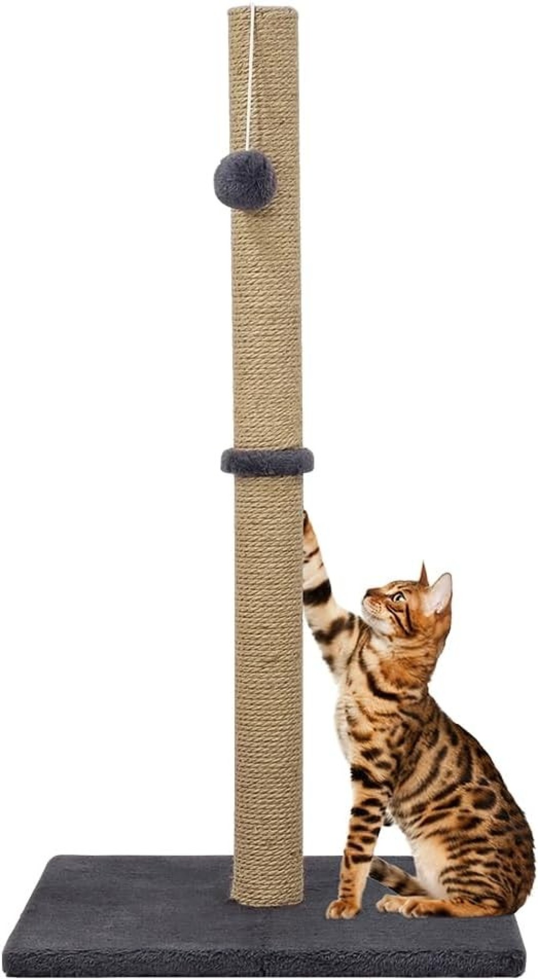 Tall cat scratching post for kittens and adult cats, Durable and stable cat tree activity center with Natural sisal rope, Dangling ball, and Soft smooth plush, Protect your furniture 75 cm (Grey)