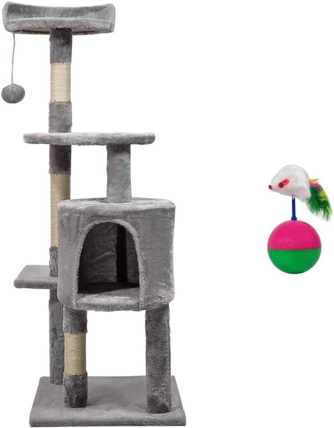 Multi-layer cat tree with Mice balance swing tumbler ball, Interactive toy ball, Indoor cat tree tower with Soft fabric condo, Top perch, and Sisal scratch post, Cat activity tower 112 cm (Grey)