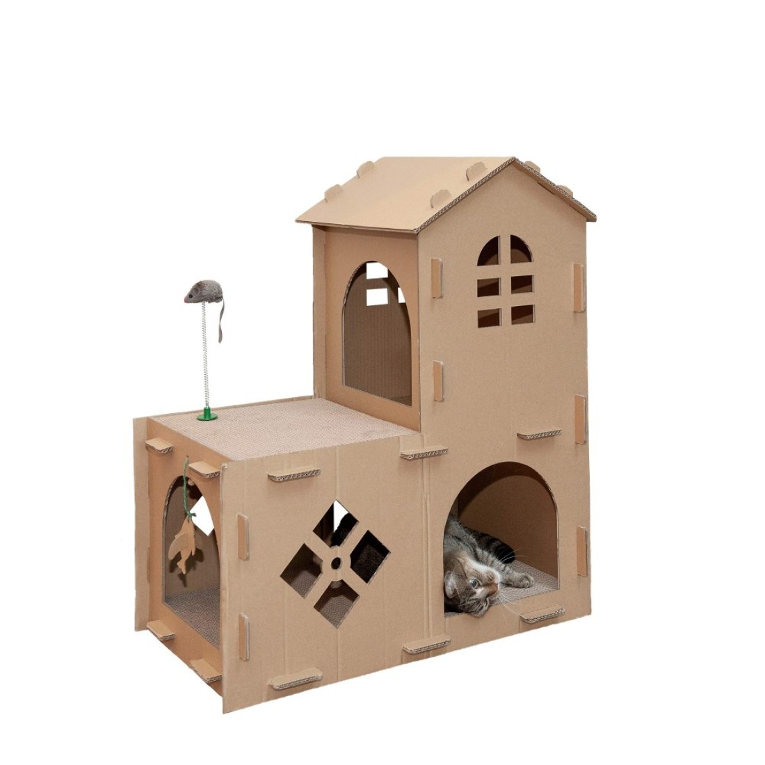Furhaven MultiLevel Cardboard Cat House wCatnip for Indoor Cats Ft Scratching Pads Toys Farmhouse Corrugated Cat Scratcher Hideout Cardboard Brown One Size