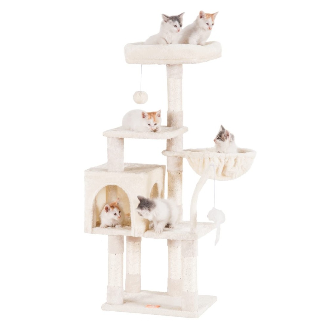 Heybly Cat Tree with Toy, Cat Tower condo for Indoor Cats, Cat House with Padded Plush Perch, Cozy Hammock and Sisal Scratching Posts, Beige HCT004SM
