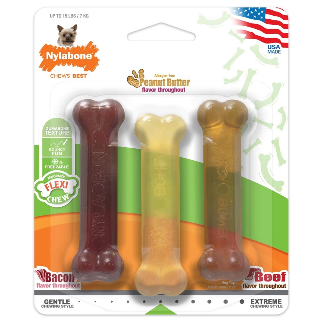 Nylabone Original Bone Flexi Chew toy for Dogs, Dog Toys for Moderate Chewers, Bacon, Peanut Butter, &amp; Beef, X-Small - Up to 15 lbs, 3 Pack