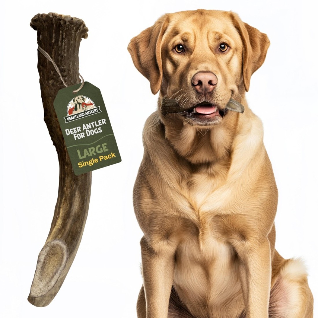 Heartland Deer Antlers for Dogs - Grade A, Naturally Shed Antlers Dog Bones for Aggressive Chewers &amp; Teething Puppies Chew Toy for All Breeds USA Made &amp; Veteran Owned (Large: 6-8&quot;, 1-Pack)