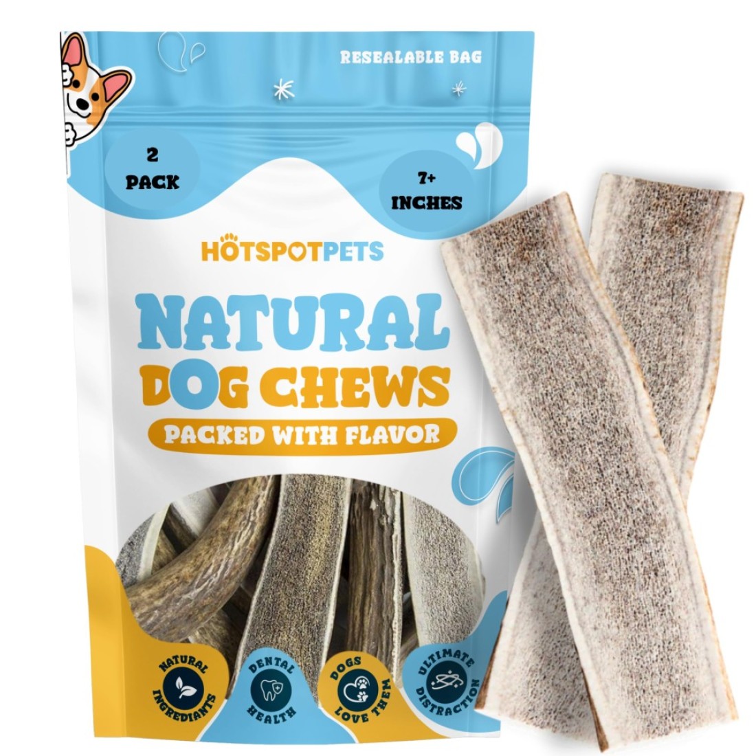 hotspot pets Premium Split Elk Antlers for Dogs - 7 Inch Large Dog Chews (2 Pack) Naturally Shed Antler Bone for Large Breed Aggressive Chewers - Made in USA - Promotes Natural Dental Hygiene