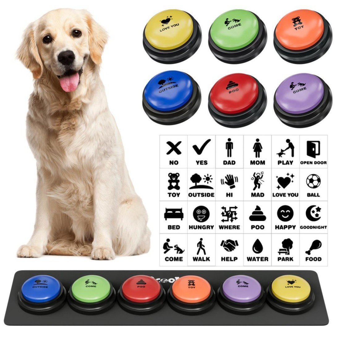 Dog Buttons for Communication, 6 Pcs Dog Talking Button Set, 30s Voice Recordable Pet Training Buzzer, Speaking Buttons for Cats &amp; Dogs with Waterproof Dog Activity Mat and 24 Scene Stickers