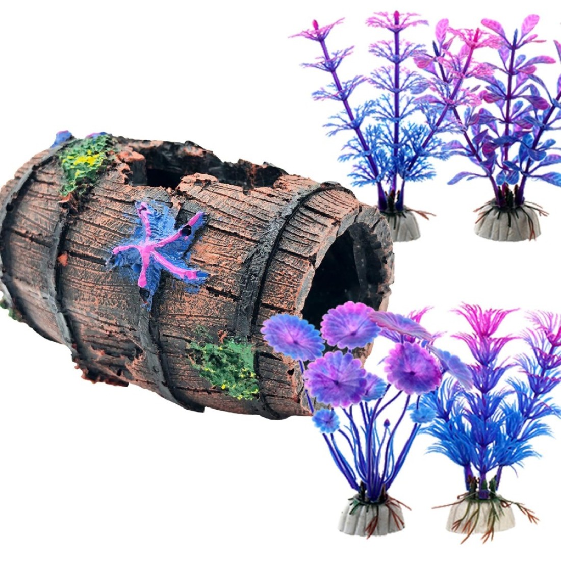 Faeshoo Fish Tank Decoration Betta Fish Tank Decorations Accessories for Aquarium Tank, Starfish Barrel x 1pc, Aquatic Plants x 4pcs
