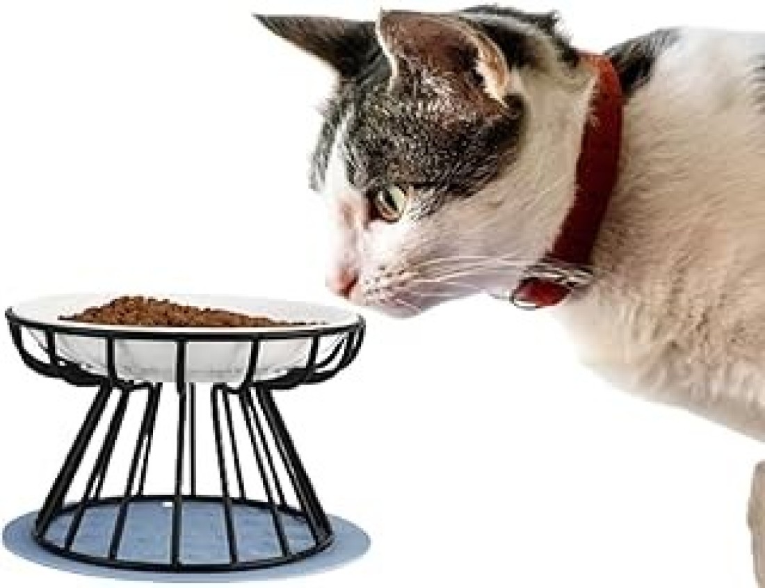ELECDON Pet Feeding Dish with Stand, ELECDON Ceramic Cat Bowl, Raised Puppy Kitten Food Dispenser Pet Animal Food Feeding Bowl with Stand for Home (Black)