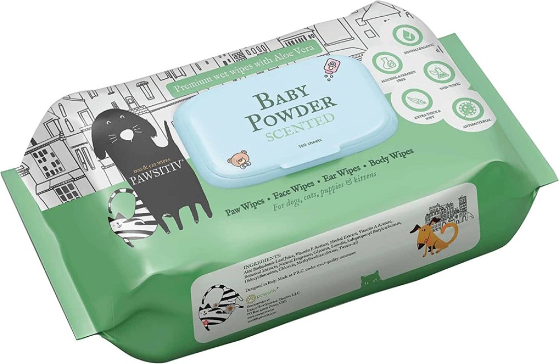 Pawsitiv Grooming Pet Wipes with Aloe Vera for Dogs, Puppies, Cats and Kittens - Hypoallergenic, Paraben and Alcohol Free - 150sheets - Baby Powder Scent