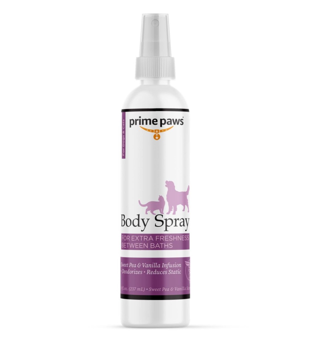 Prime Paws Body Spray for Dogs and Cats Long Lasting Cat Cologne Odor Eliminator Dog Spray Deodorizer Perfume for Grooming Reducing Static Sweet Pea Vanilla Scent 8 oz White PRIM1048