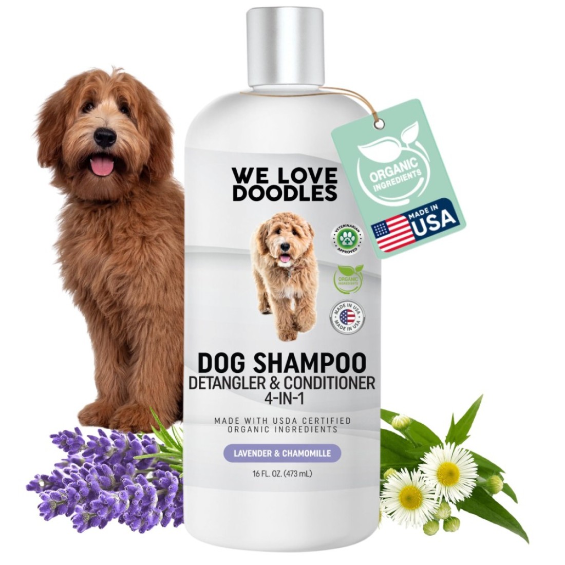 USDA Organic Dog Shampoo Conditioner Detangler Best Shampoo for Goldendoodles Poodles Doodles for Matted Pet Hair Sensitive Skin Shampoo for Puppies Made in The USA 16OZ Lavender