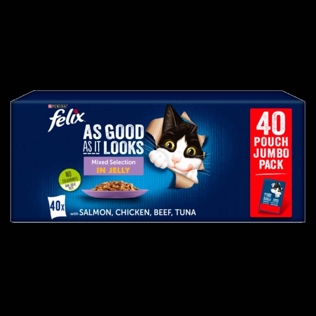 Felix As Good As It Looks Mixed Selection In Jelly Cat Food, 40 Pouch Jumbo Pack with Salmon, Chicken, Beef and Tuna 40 x100g,