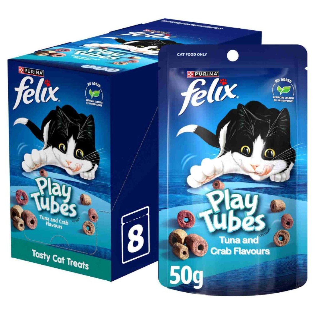 Purina Felix Play Tubes Tuna and Crab Flavours Dry Cat Treats, 50g Pack of 8