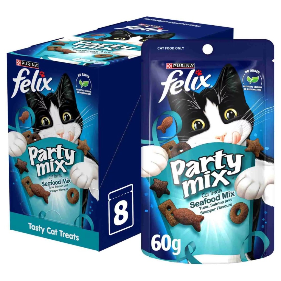 Purina Felix Party Mix Seafood Mix Dry Cat Treats, 60g Pack of 8