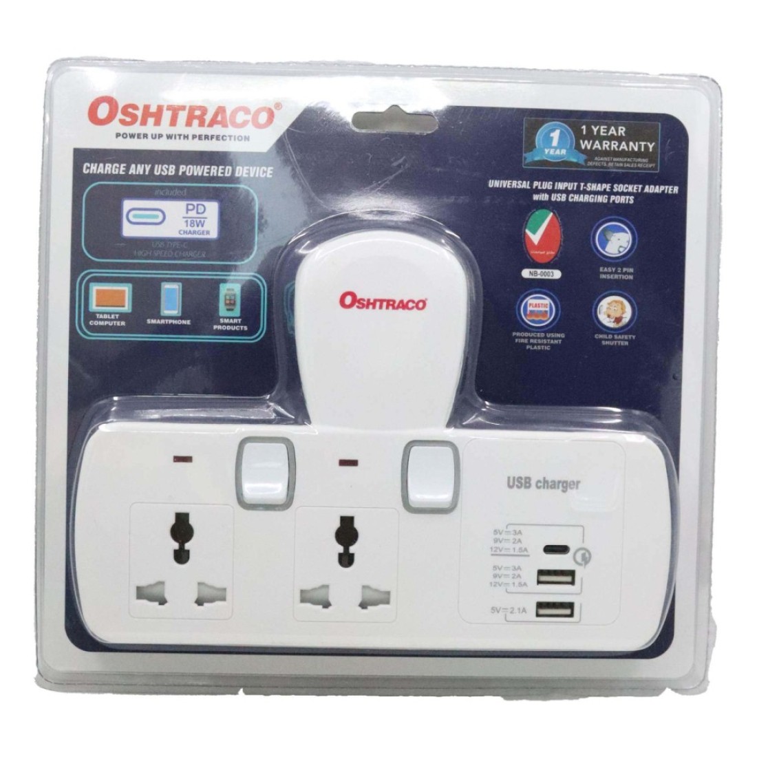 Oshtraco T Shape Socket With 2 Way USB Charger And 18W Power Delivery