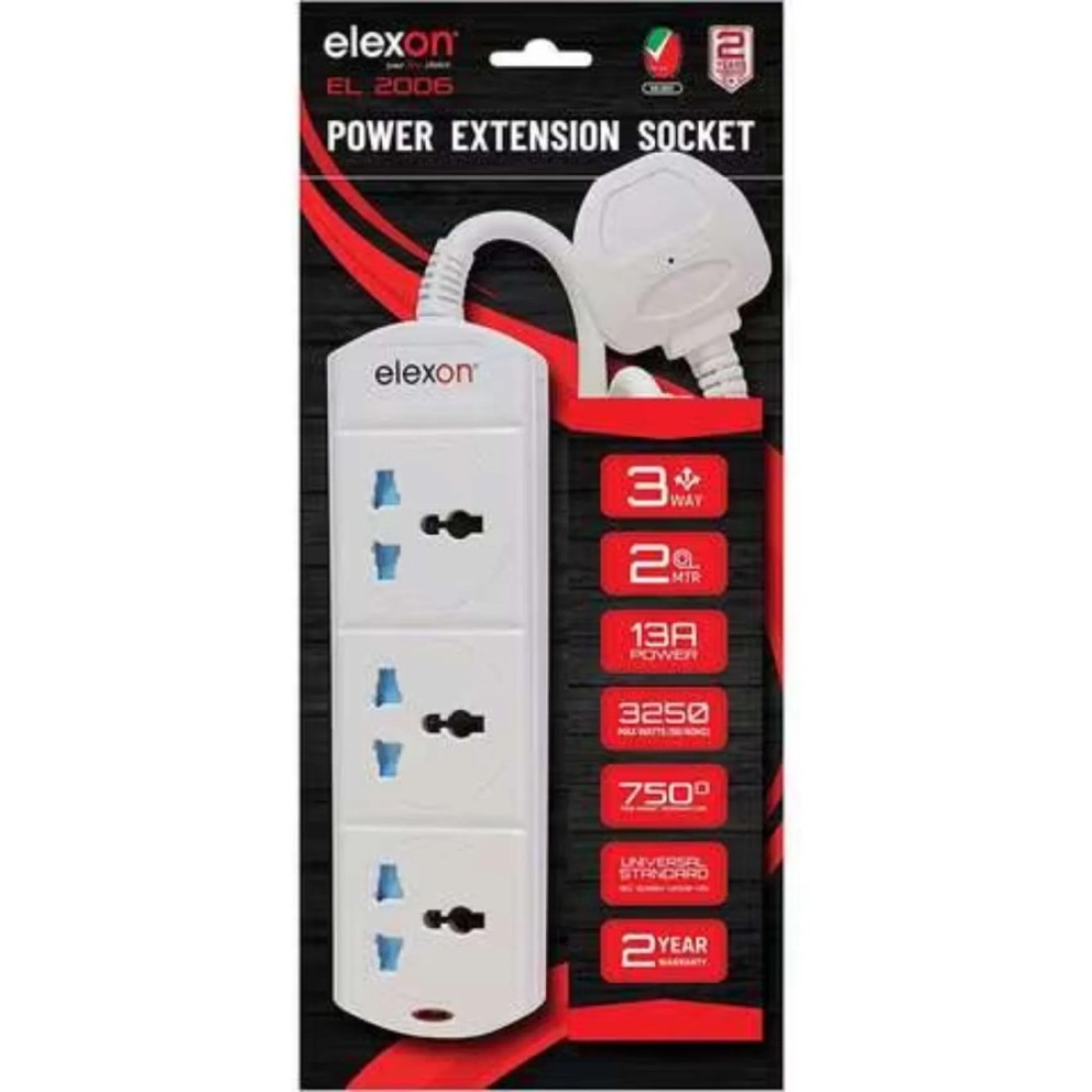 Elexon 3-Way Power Extension Socket 13A El-2006 2m