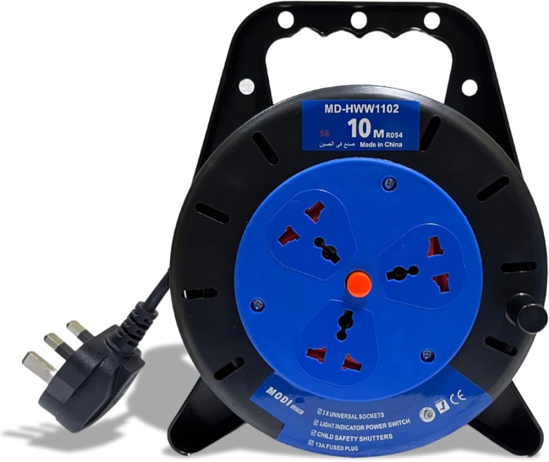 MODI Retractable 3-Way Extension Cord Reel - 10m Cable Reel with Power Button for Home, Office 2000 Watts Power Extension (10M)