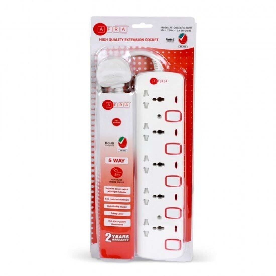 AFRA Universal Extension Cord, 5Way, 5 Universal Sockets, 5 Meter Cable, Easy Set-Up &amp; Storage, Shockproof, 250V, AF-005EXRD-5MT, With 2 Years Warranty