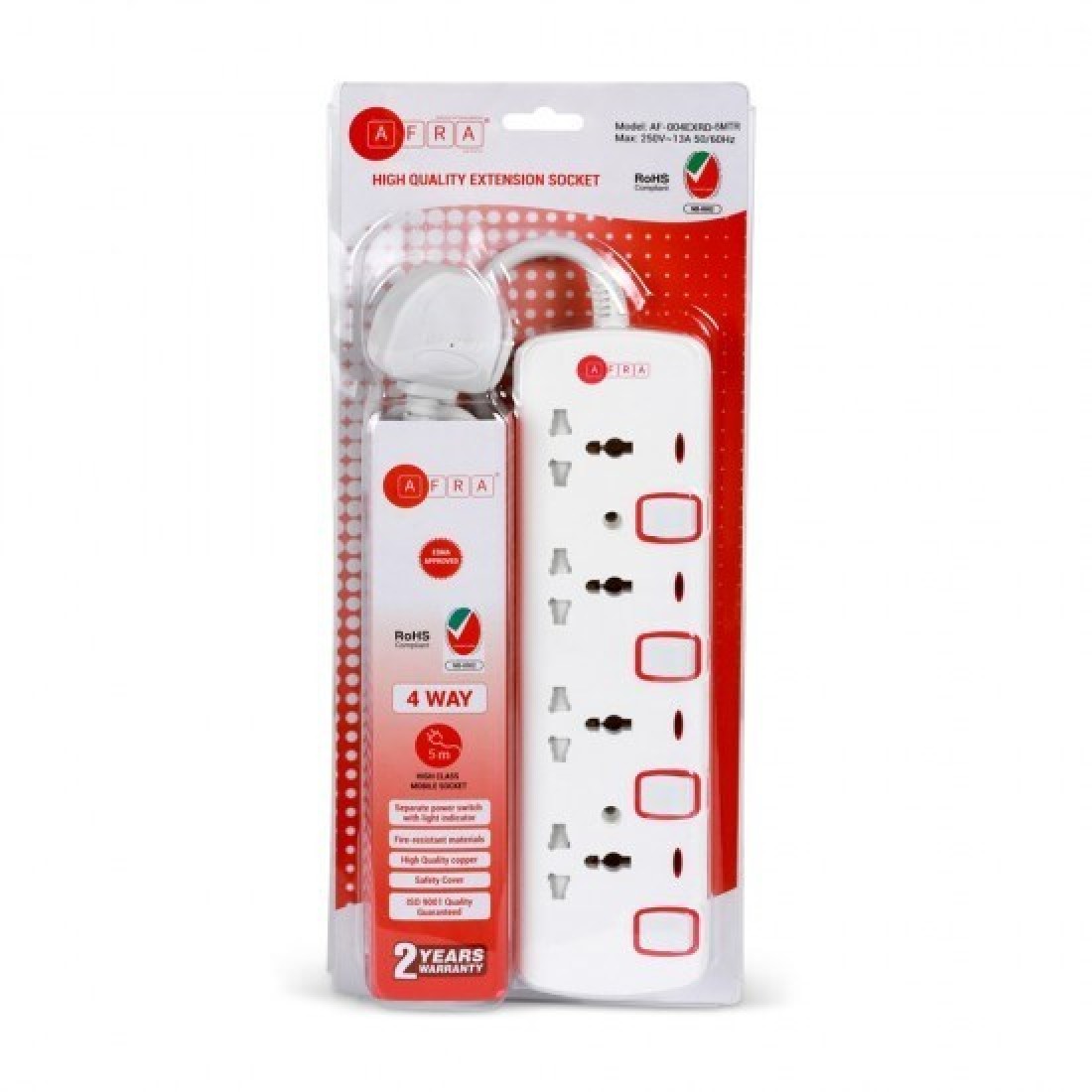 AFRA Universal Extension Cord, 4 Way, 4 Universal Sockets, 5 Meter Cable, Easy Set-Up &amp; Storage, Shockproof, 250V, AF-004EXRD-5MT, With 2 Years Warranty