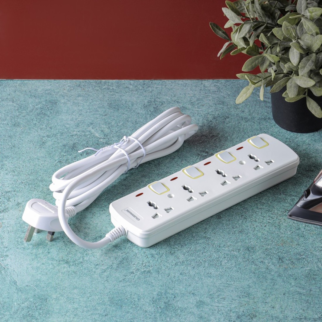 Olsenmark 4 Way Power Socket with Individual Switches- OMES1728D/ Equipped with PP Fire Proof Housing, Copper Parts, and Child Safety Shutter/ 3-meter Extension Cord, Ideal for Home, Office,