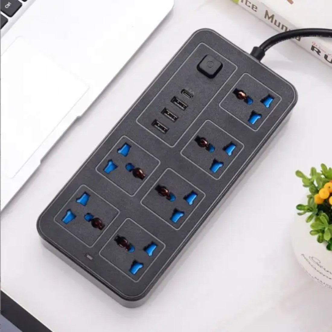Sprinters - Universal Extension Socket 2 Meter Wire 6 AC Outlets 3 USB Ports 1 USB-C Port UK Plug 3 Pin Socket Outlet Surge Protector Power Strip for Home, Office, and Electronics (Black)