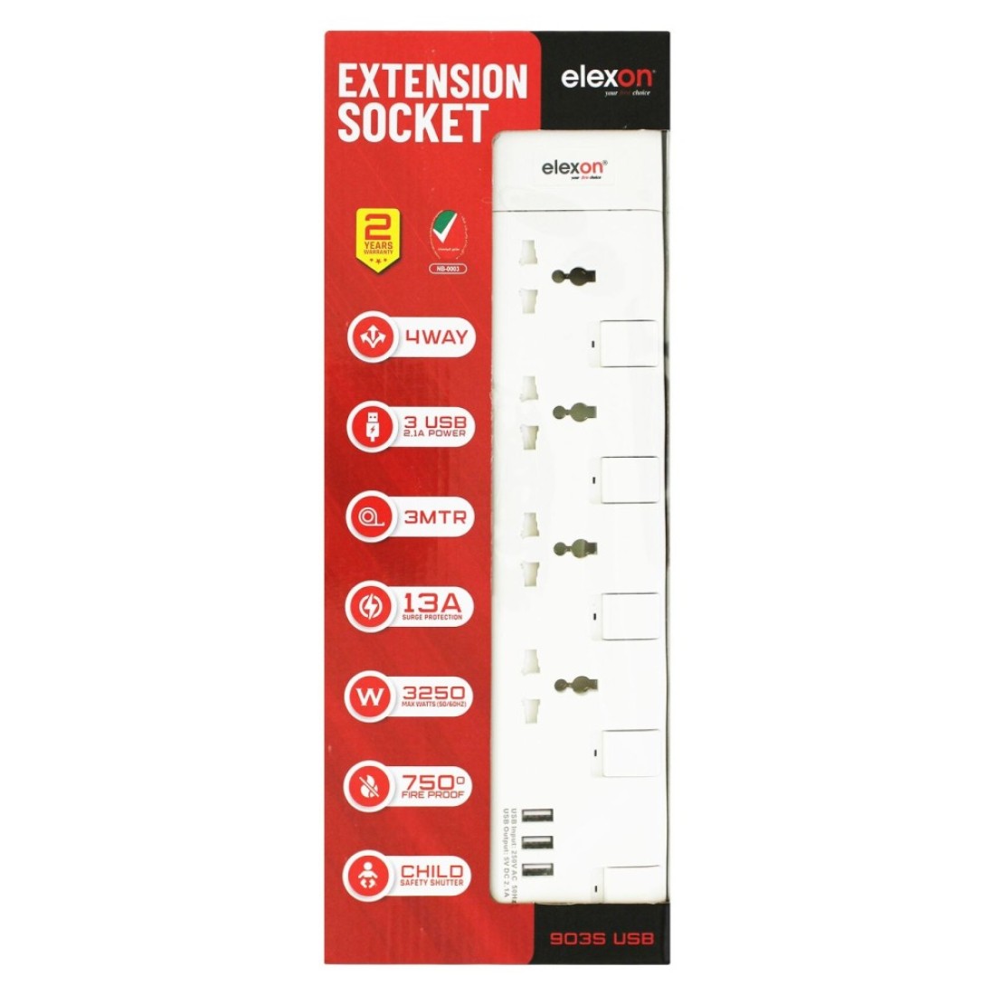 Elexon 4-Way Power Extension Socket With USB Port 13A El-903S White 2m
