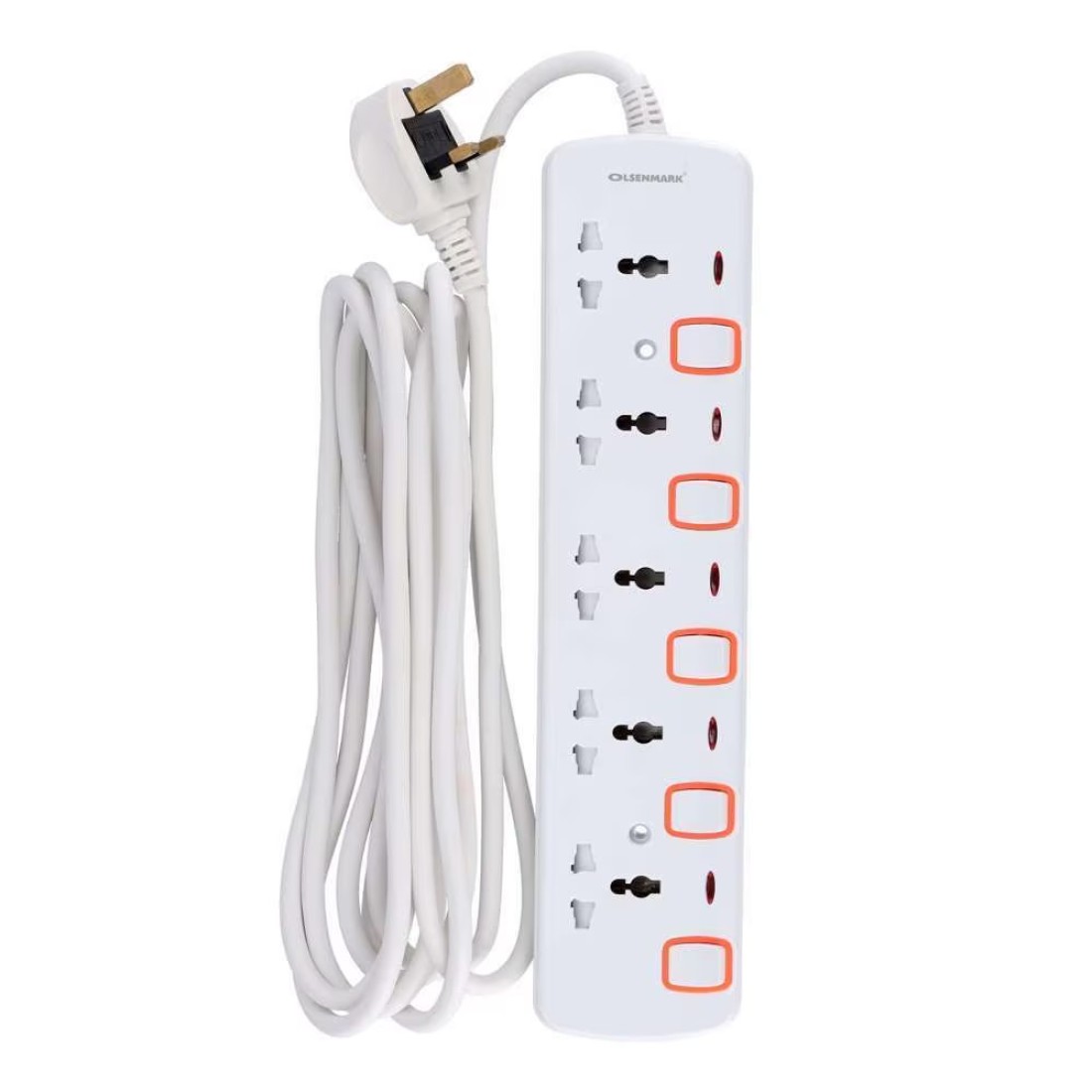 Olsenmark 5 Way Power Socket with Individual Switches- OMES1729D/ Equipped with PP Fire Proof Housing, Copper Parts, and Child Safety Shutter/ 3-meter Extension Cord, Ideal for Home, Office,