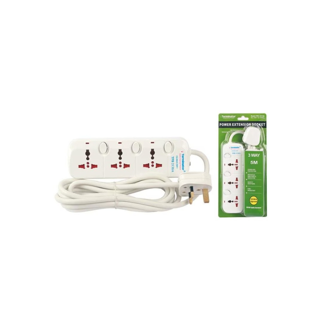 Terminator 3 Way Universal Power Extension Socket 5m Cable 13A Model: TPB 213Sa-5m