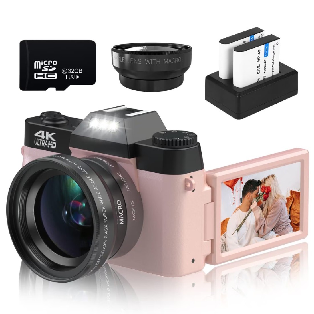 VETEK Digital Cameras for Photography 4K 48MP Vlogging Camera 16X Digital Zoom Manual Focus Students Compact Camera with 52mm WideAngle Lens Macro Lens 32G Micro Card and 2 Batteries Pink
