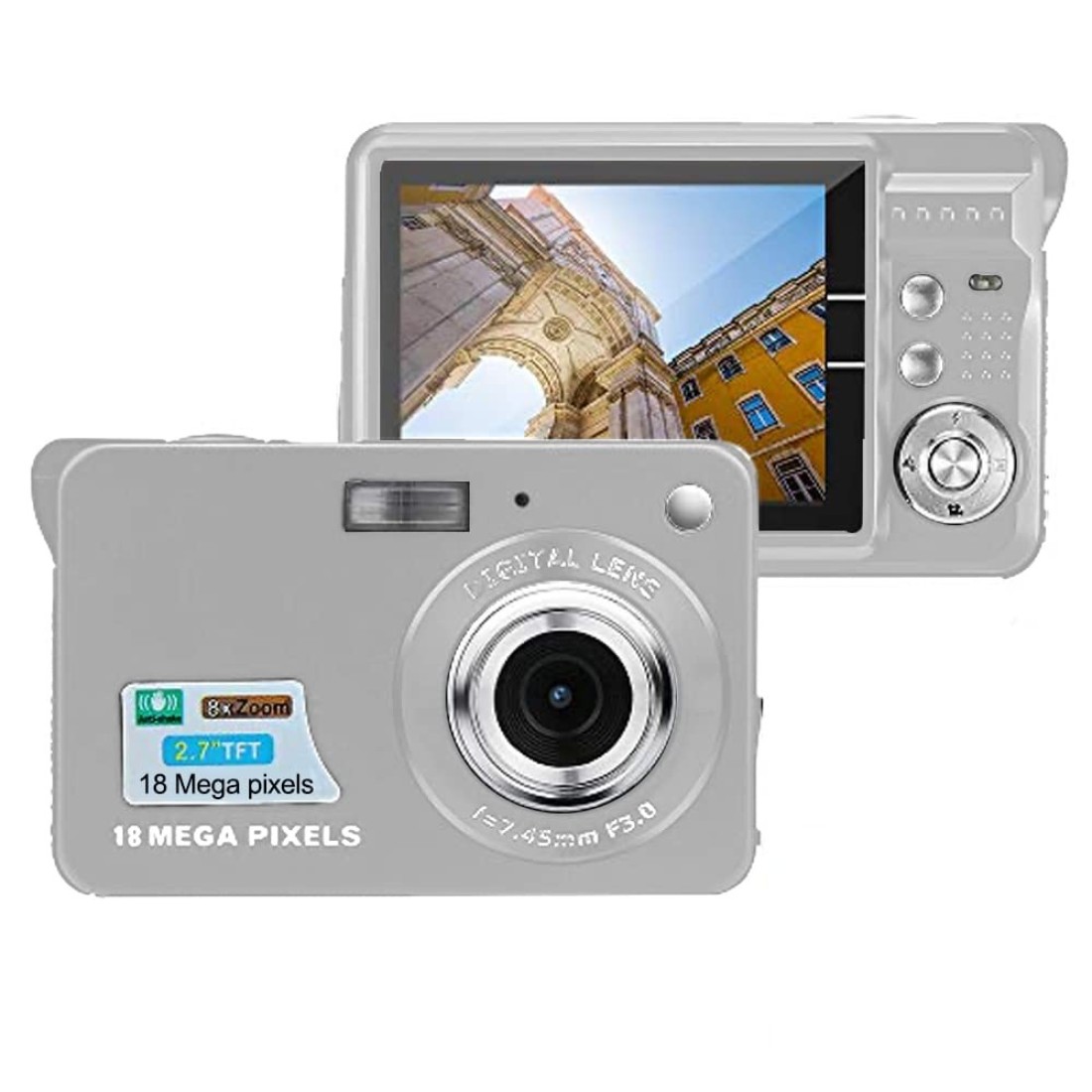 Acuvar 18MP Megapixel Digital Camera with 2.7&quot; LCD Screen, Rechargeable Battery, HD Photo and Video for Indoor, Outdoor Photography for Adults, Kids (Silver)