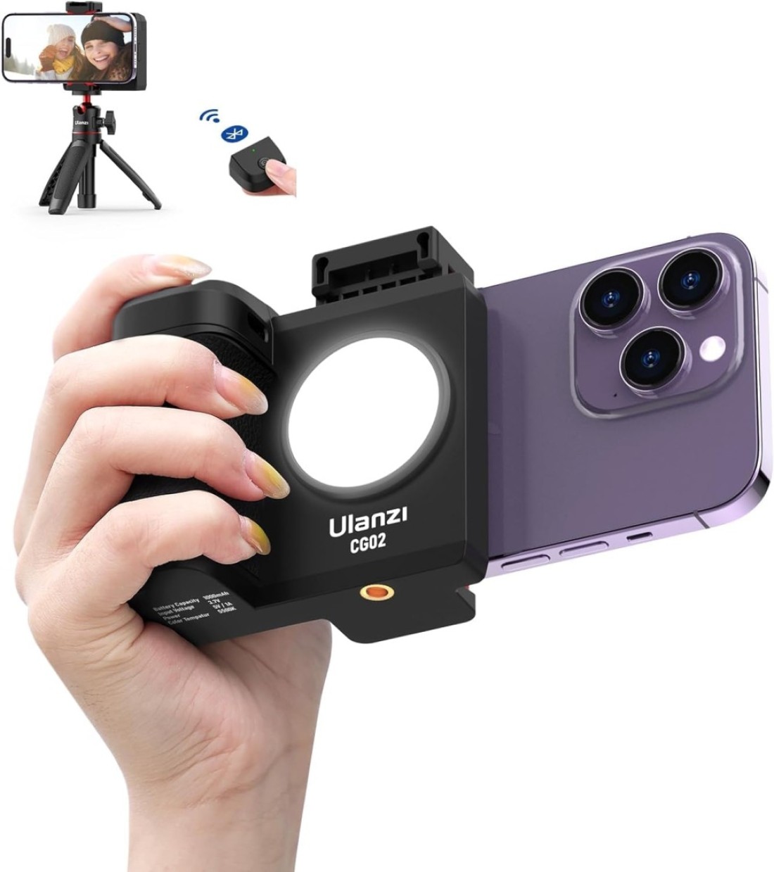 ULANZI CG02 Ungraded Smartphone Camera Shutter Handle Grip w Detachable Wireless Bluetooth Remote ControlThreeGear Adjustable Fill Light for iPhone Samsung Google OnePlus Phones VideoPhoto Shooting
