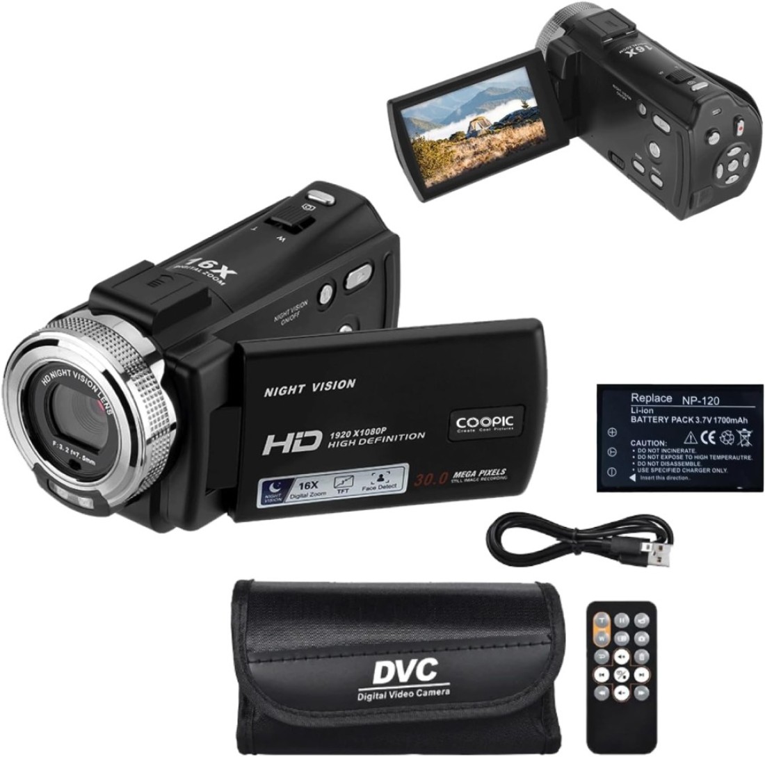 COOPIC V1000 3&rsquo;&rsquo; TFT, Anti-Shake, 270&deg; Screen Rotation, Full HD 1080P Digital Video Camera 30MP Photo, 16X Zoom, Night Vision, Compatible with Windows XP/7/8/10 for Photography and Videography
