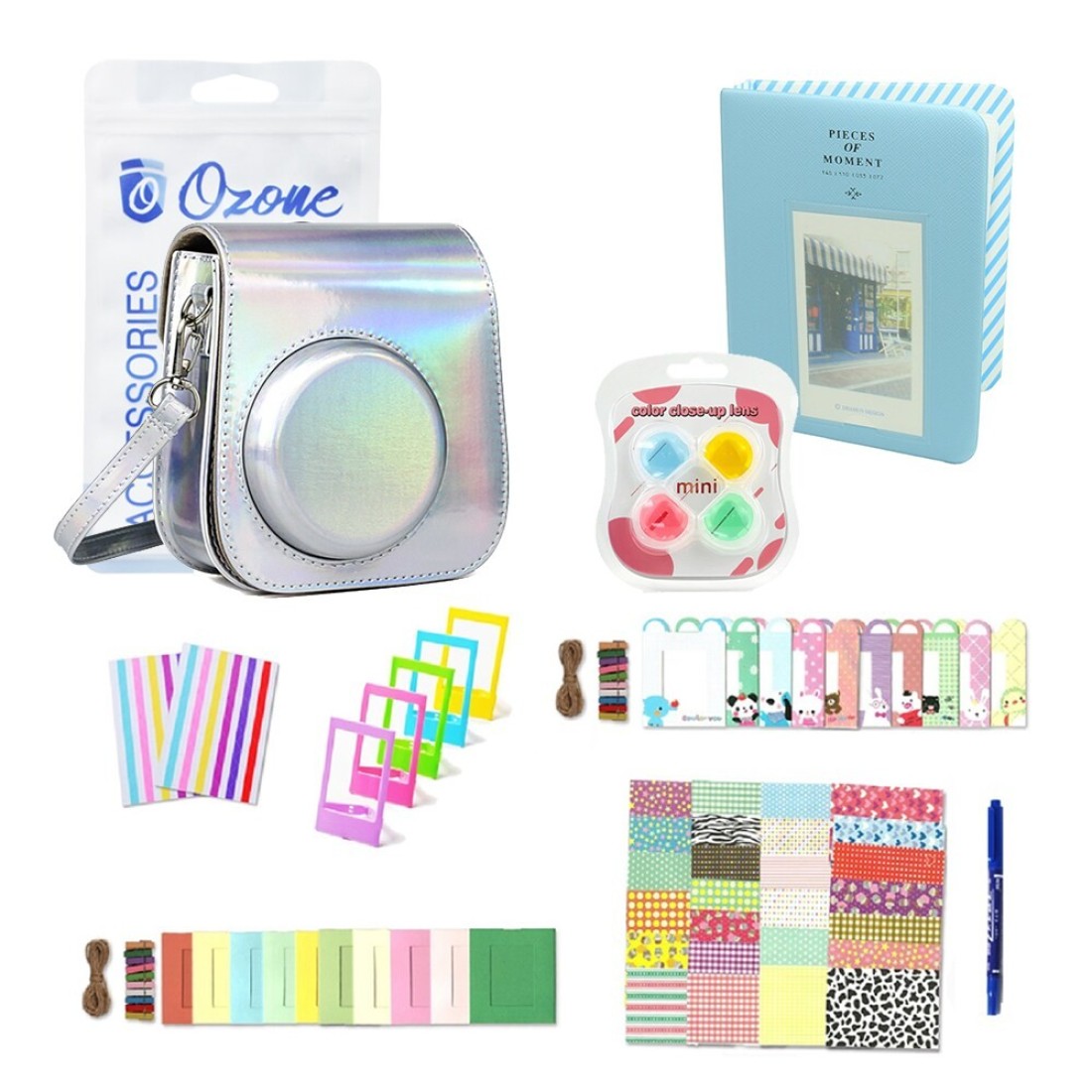 O Ozone - Fujifilm Accessories, Instax Mini 11 Case PU Leather with Strap - Silver, Blue Album