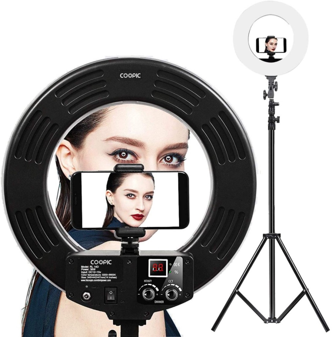 Coopic Rl-14D Bio-Color 3200K- 5600K Dimmable Ring Video Light (14 Inches/36 Centimeters Outer, 36W, 1024 Pieces LED Smd) Black