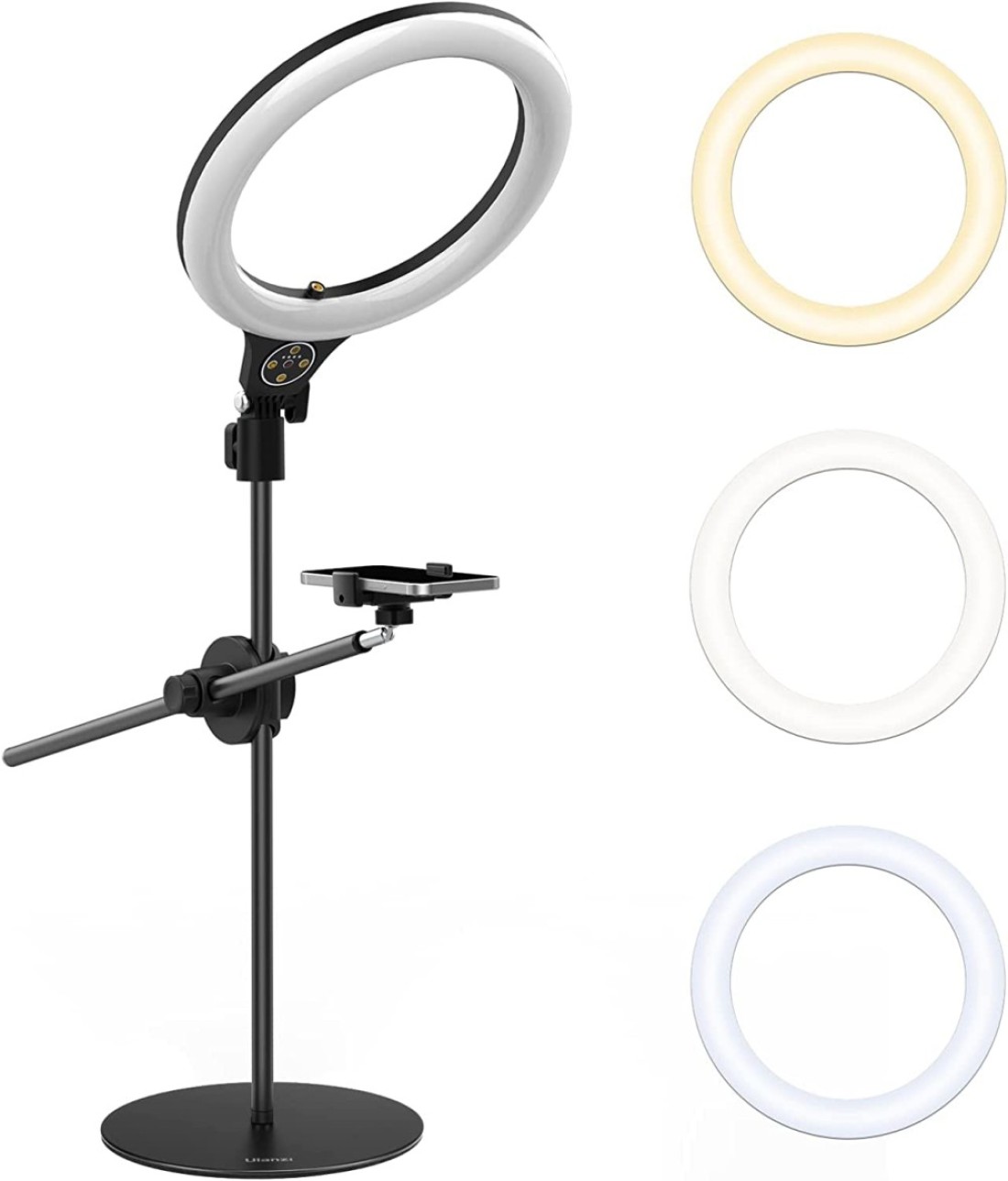 Upgraded Base Ring Light Desk with Horizontal Boom Arm 10 Ring Light with Phone Tripod Stand 3500k6500K Dimmable Ring Light with Phone Holder for Video Recording Live Stream Portrait Makeup