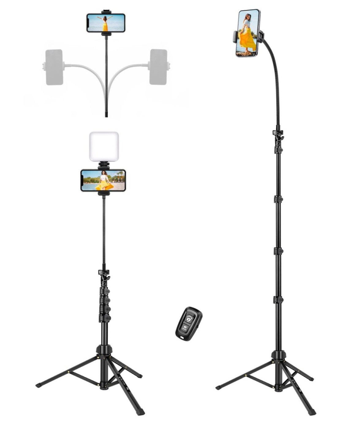 VICTIV 85&quot; Tall Cell Phone Tripod Stand with Gooseneck and Remote, Portable Travel Tripod Stand, Overhead Tripod for iPhone 16 15 14 Pro Max/13/12/Android for Recording/Watching/Cooking/Fitness/Vlog