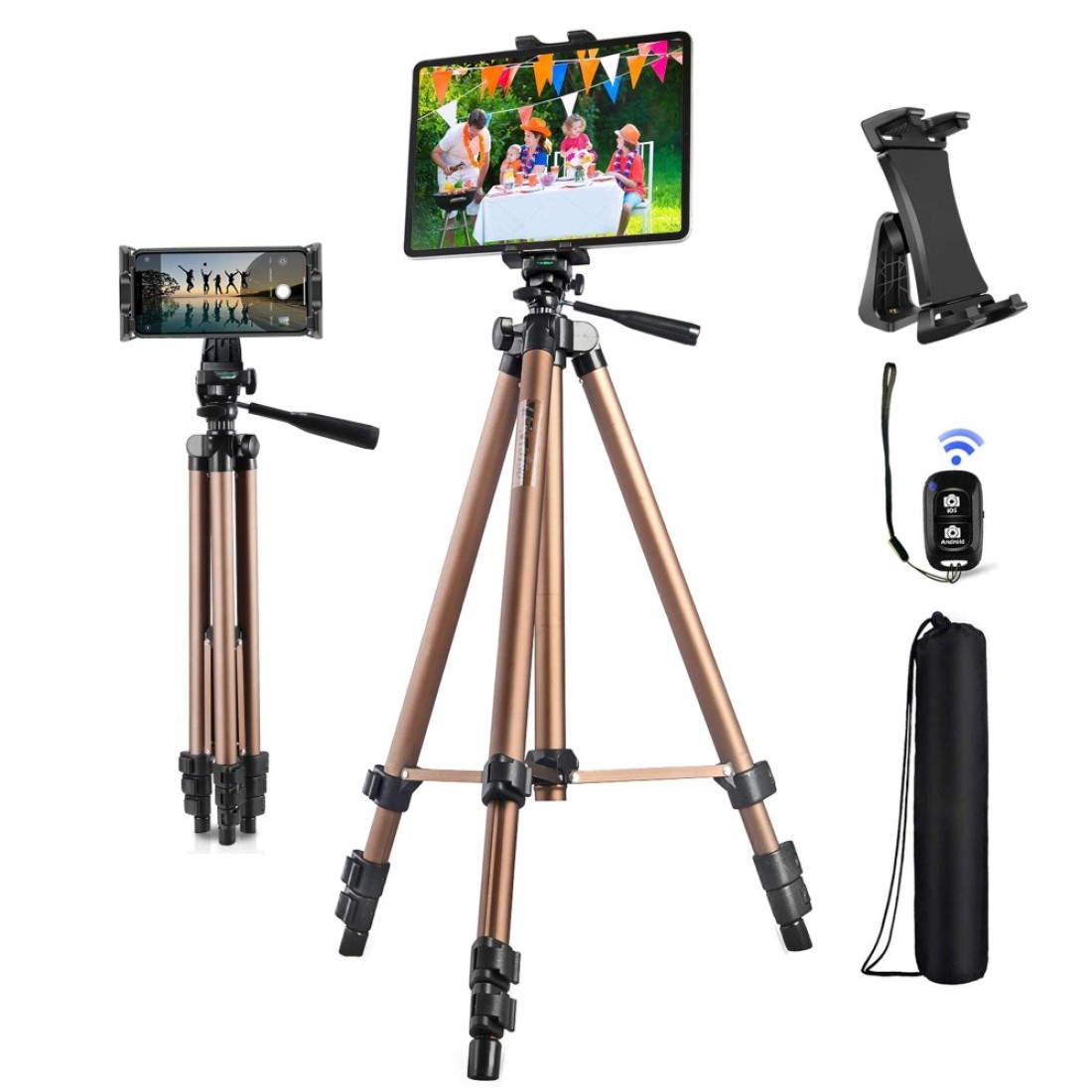Peastrex Tripod for iPad iPhone, 3 in 1 Tablet Phone Camera Mount Stand Holder 54in Lightweight with Remote for 3.5 to 13.5in Tablet Phone, iPad Pro Air Mini 12.9 11 10.5 9.7, iPhone Pro 12 11