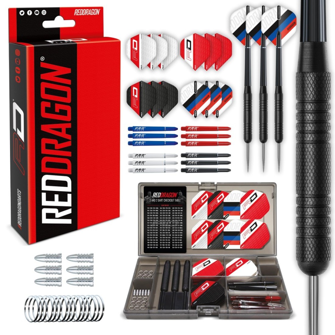 RED DRAGON Ultimate 50 Piece Darts Set - Includes 20 Gram Steel Darts, Hardcore Flights, Shafts (Stems) and Accessories