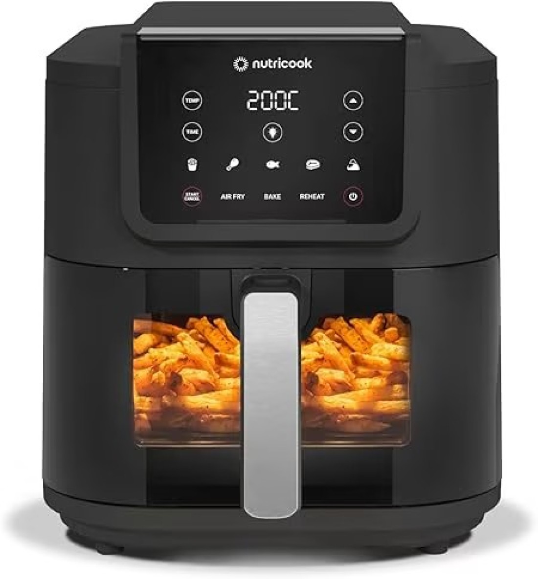 Nutricook Air Fryer Slim XL,7.6L, 2.4KG, Extra-Large Basket, Space-Saving Slim Design, Air Fry, Bake, Reheat, with 5 Presets, Clear Window &amp; Internal Light, AFS200, Black, 1700 Watts,