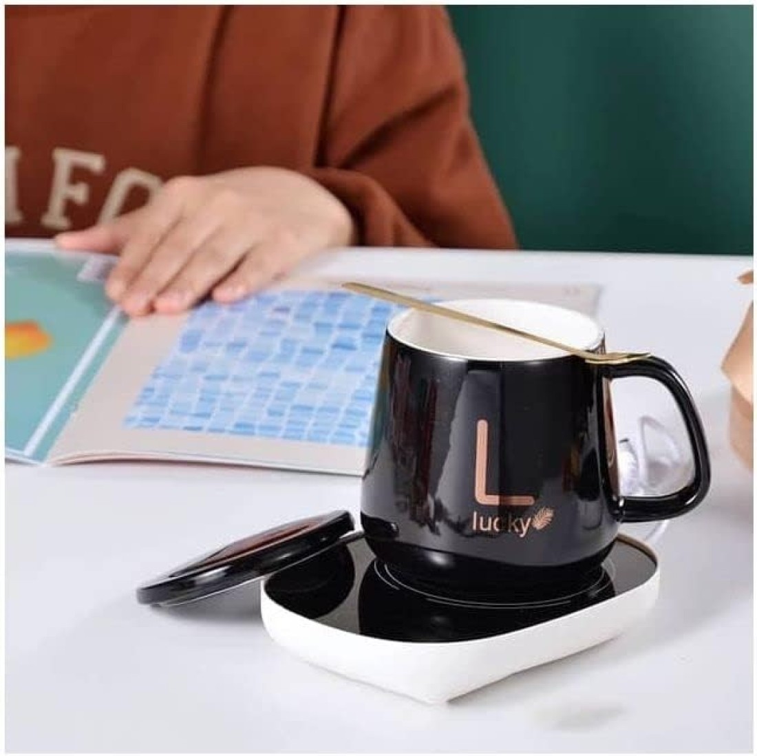 FITTO Coffee Mug Warmer with Mug, Electric Mug Warmer for Desk with Auto Shut-Off – Perfect for Keeping Coffee, Tea, Milk Warm, Compact Design, Includes Cup & Spoon – Ideal Gift for Home & Office