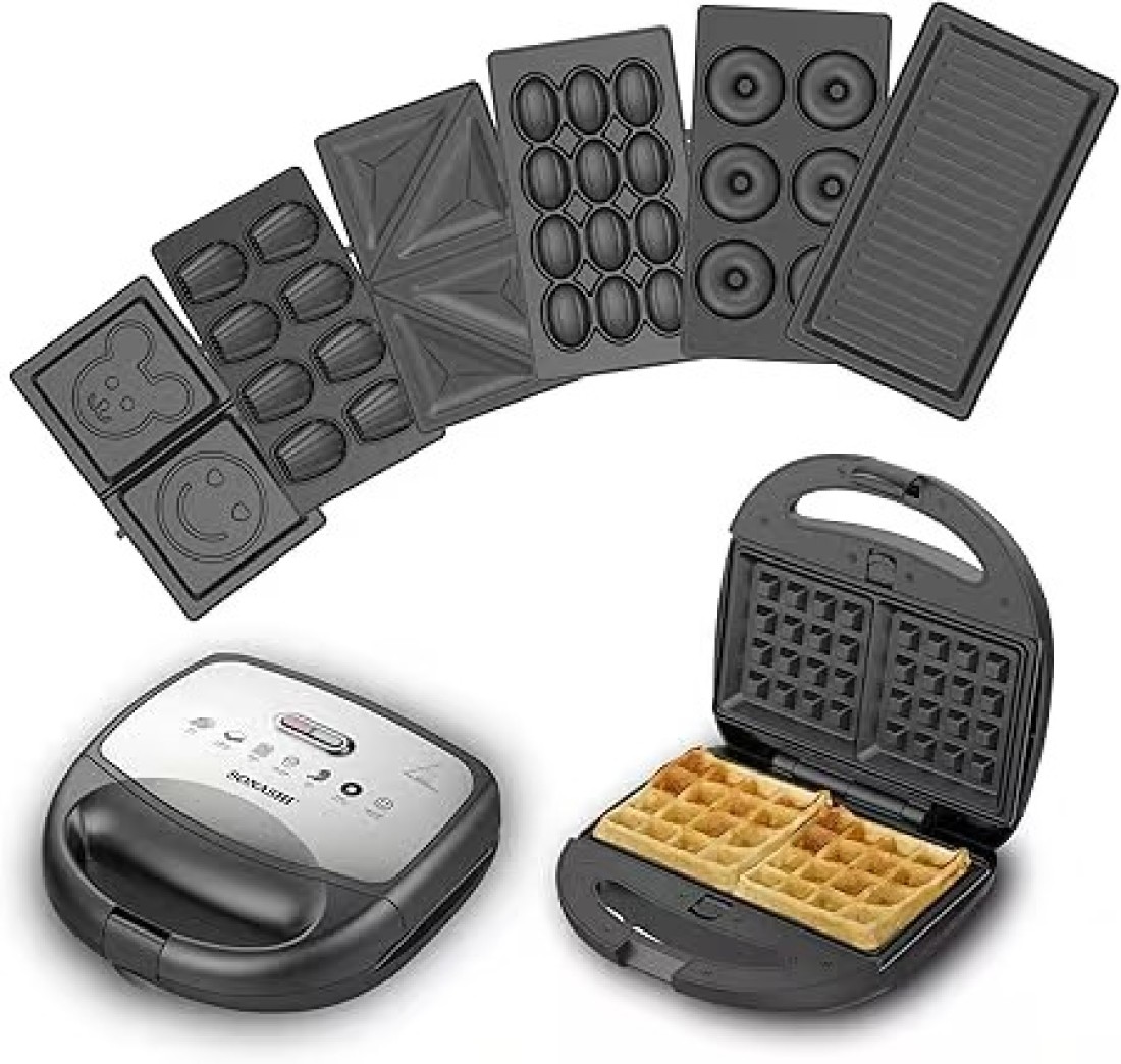 Sonashi 7-In-1 Multi Snack Maker with Detachable Sandwich/Grill/Waffle/Donut/Nutty/Smile/Shell Cake Making Plates Indicator Light with Auto Cut-OFF feature Snack Maker 800W SSM-862N Black/Silver